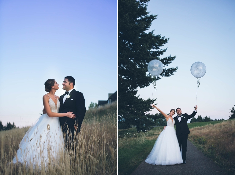 oregon golf club wedding bride groom sunset balloons