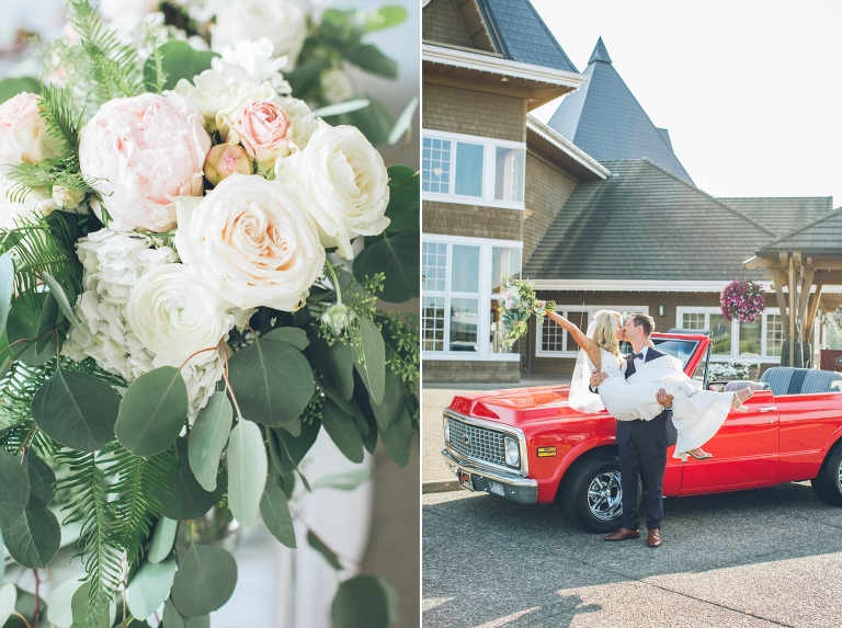 just married bride and groom classic car