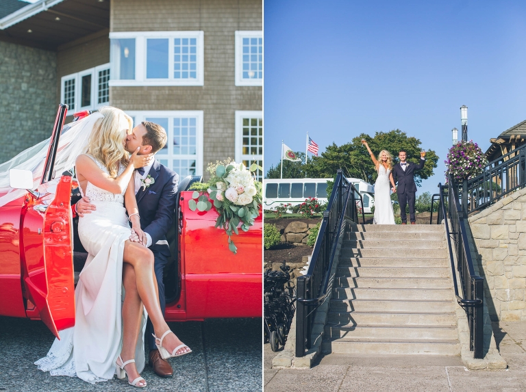 classic red car wedding get away bride and groom romantic