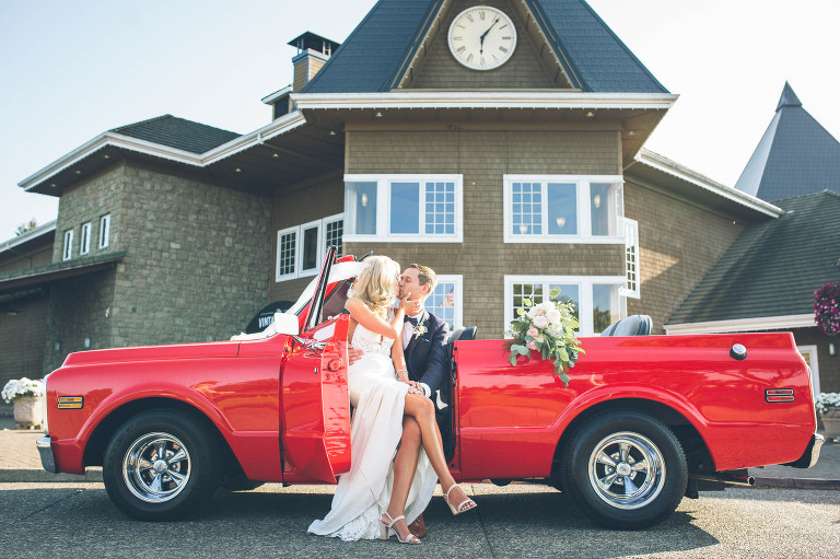 classic car bride and groom get away red