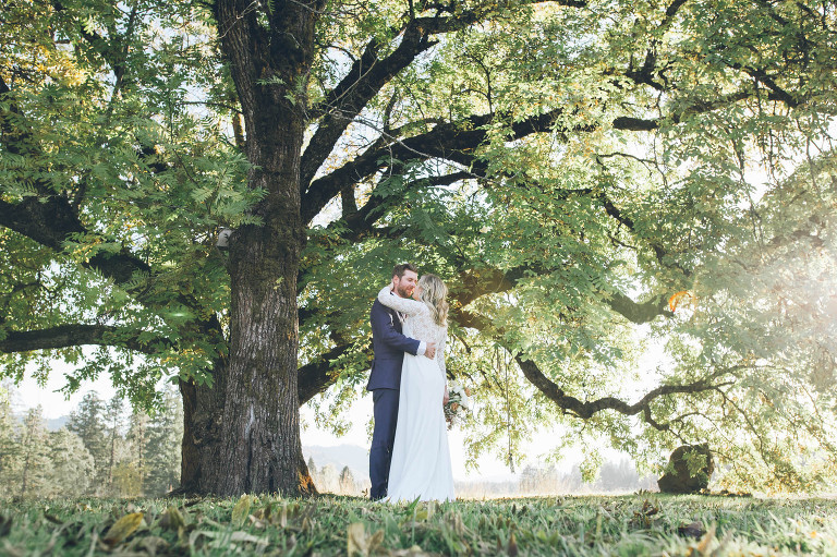 tin roof barn wedding photos of bride and groom under old oak tree