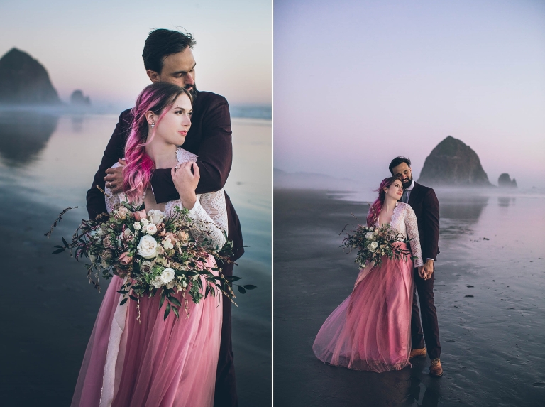 sunset photos bride and groom cannon beach oregon